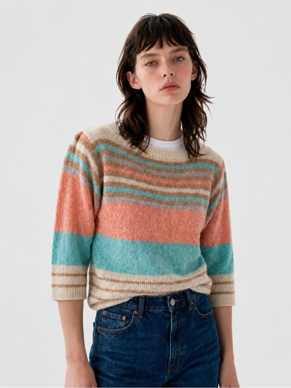 Vintage Striped Crewneck Sweater in Coral, Aqua & Cream